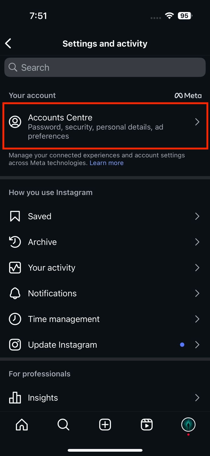 Screenshot of Accounts Center